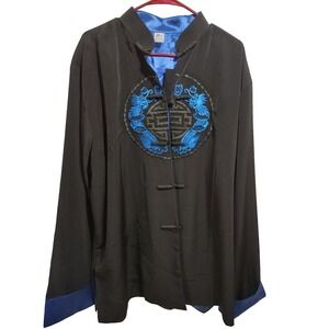 M.M Mens XXXXL Black Blue Dragon Embroidered Mandarin Collar Tang Suit Jacket